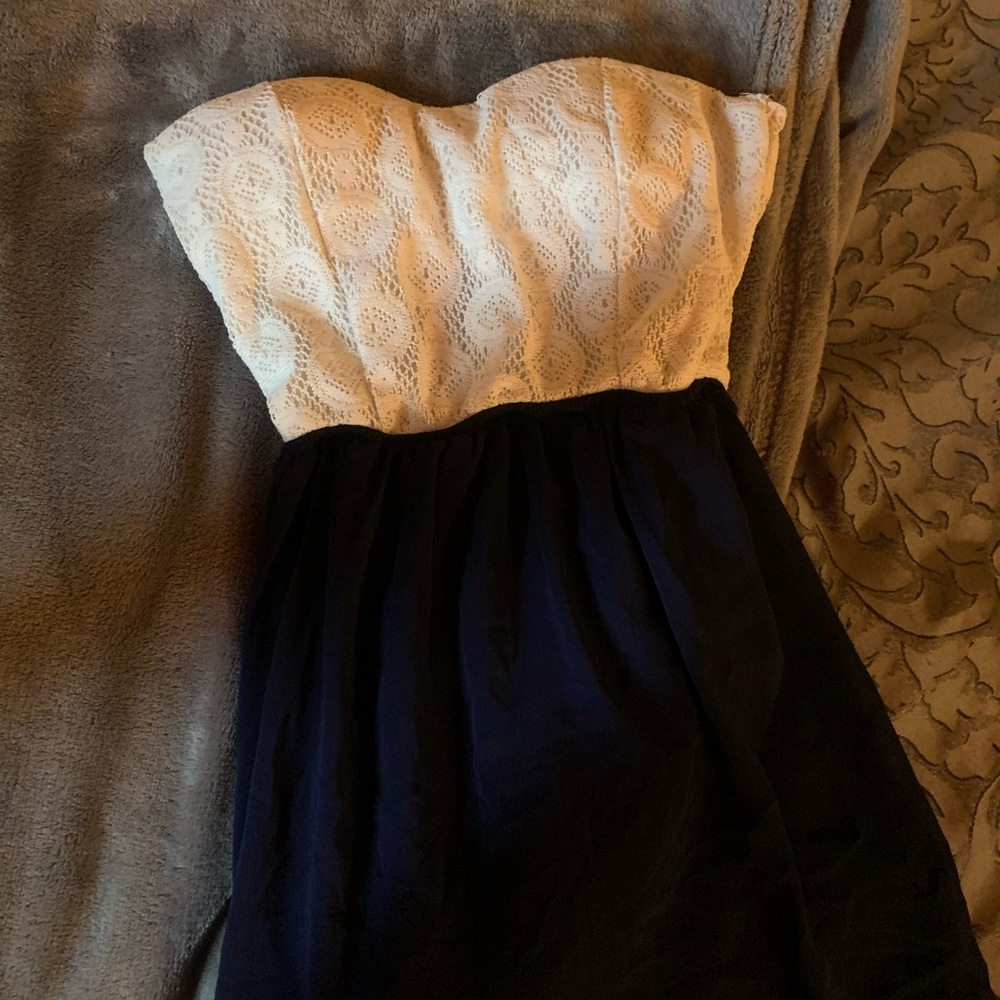 Blue and cream strapless dress